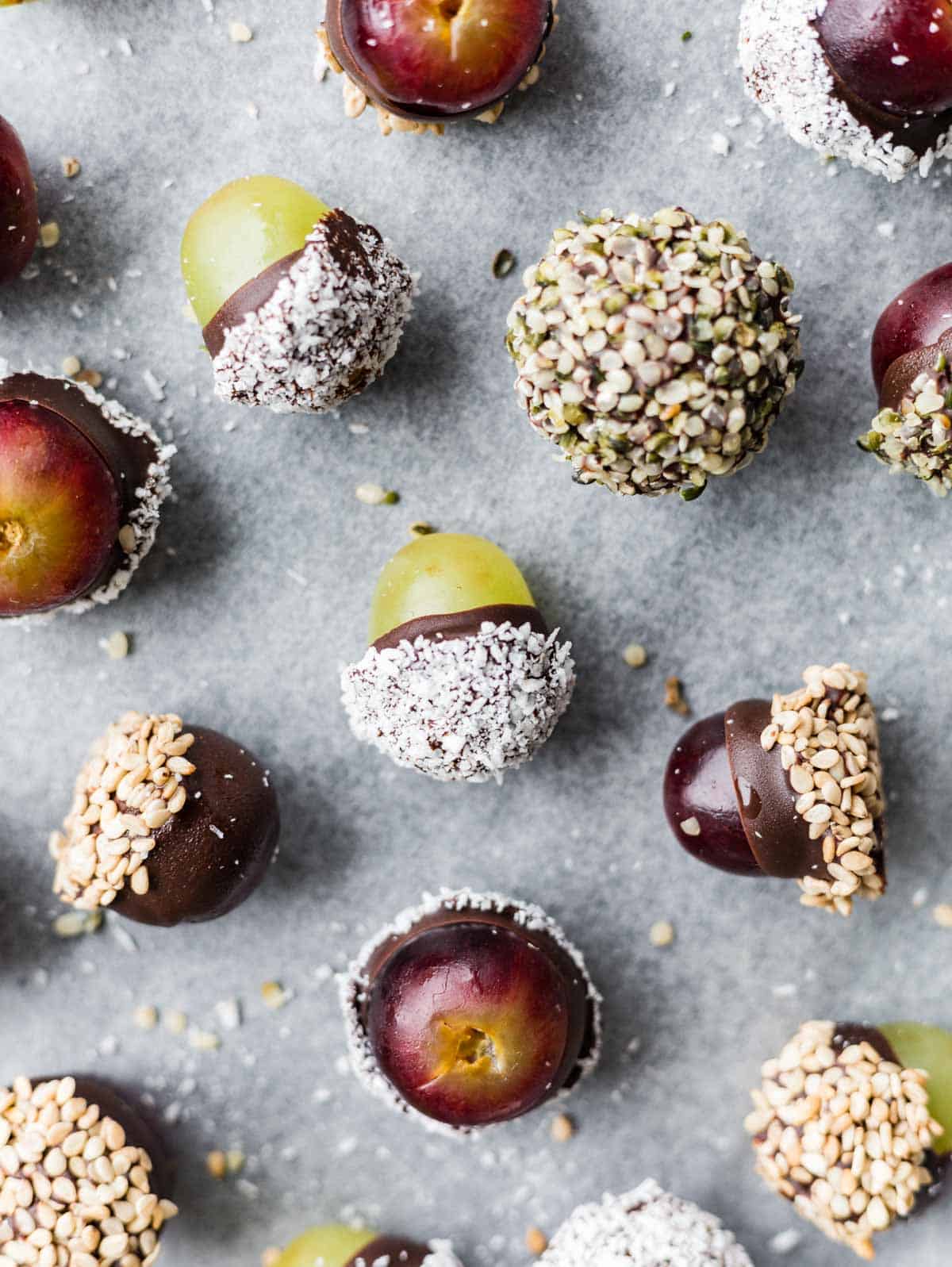 Chocolate covered grapes made to look like mini acorns