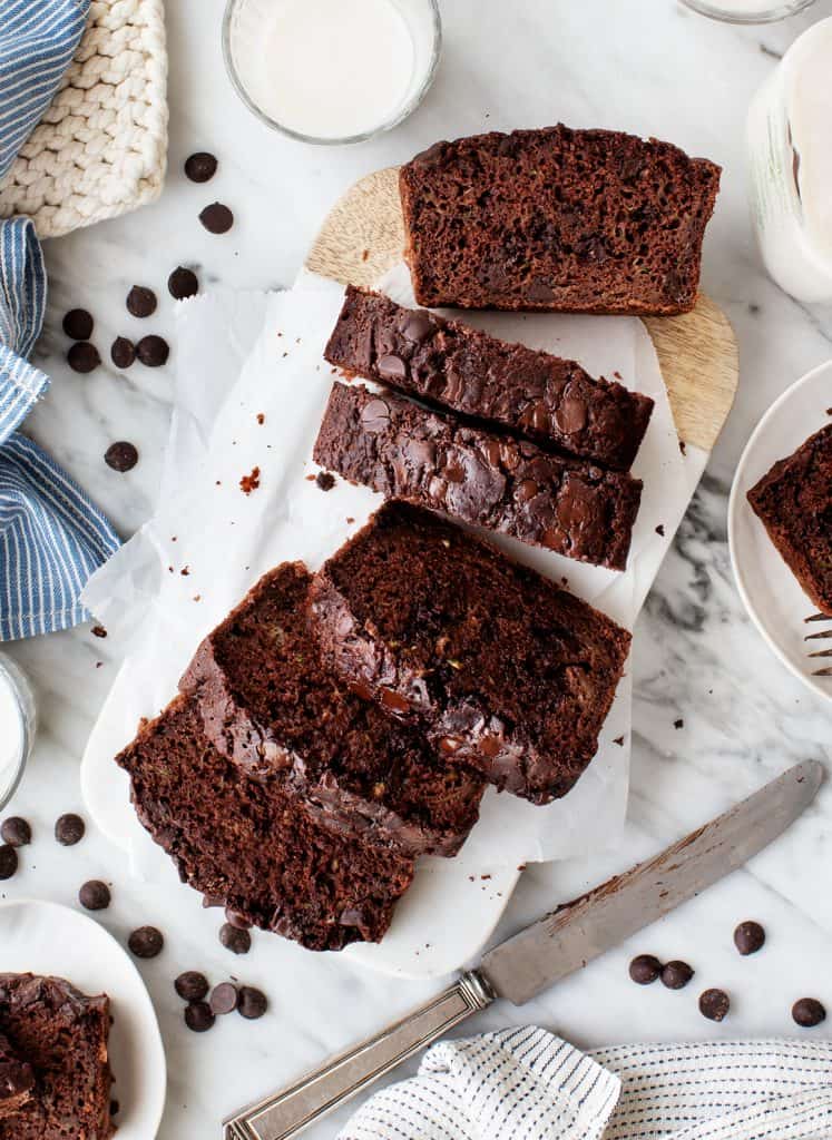 a sliced loaf of chocolate zucchini bread