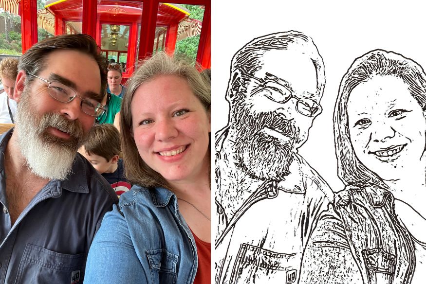 Adult coloring pages example, a couple on the left in color and a coloring page version on the right.