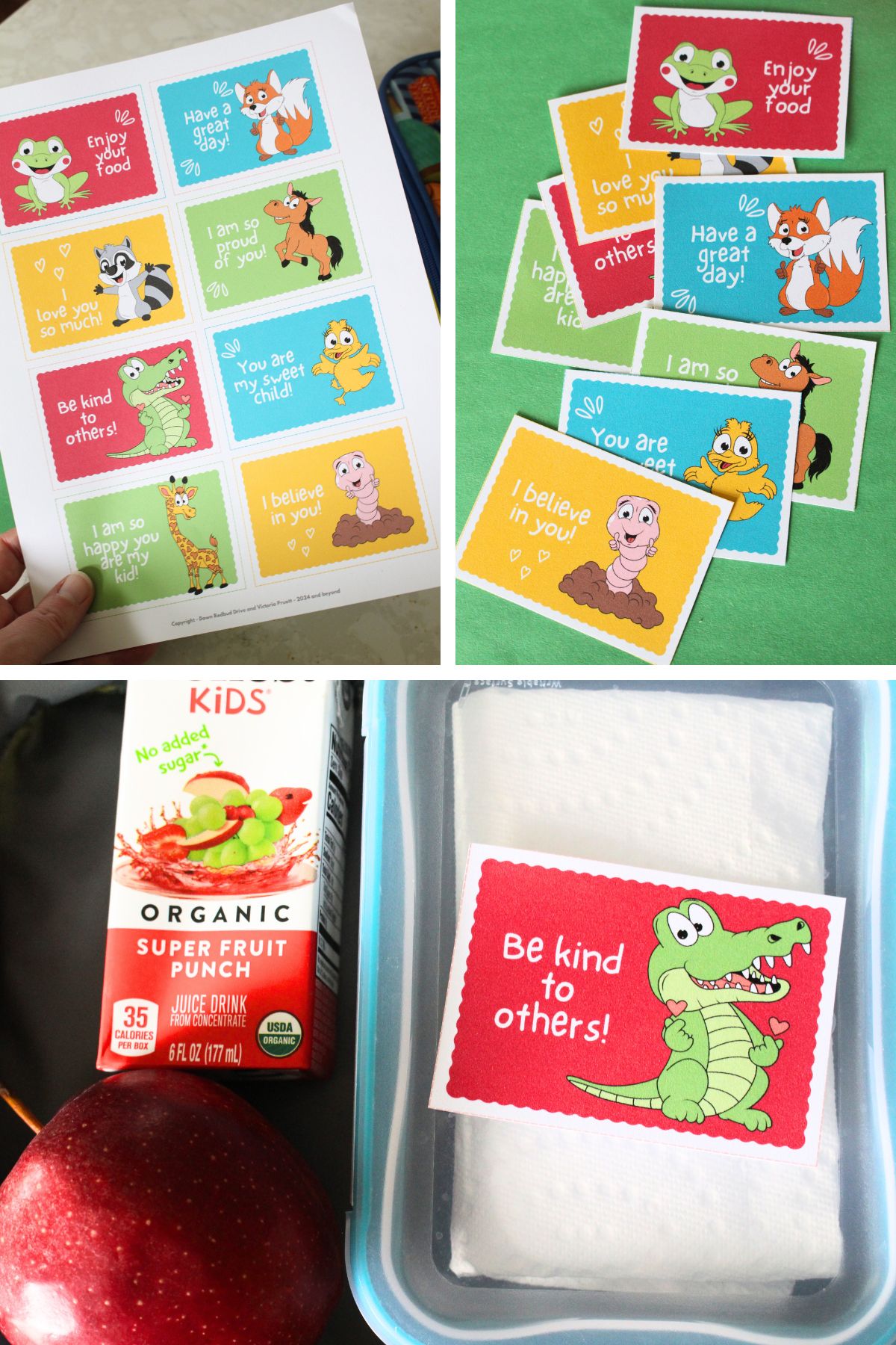 a 3 panel collage with the first image showing the printed sheet of lunchbox notes, the second showing 8 printable lunchbox notes for kids cut out and laying on a bright green sheet of paper, and the final image showing a cut out card on top of a plastic container inside a lunchbox.