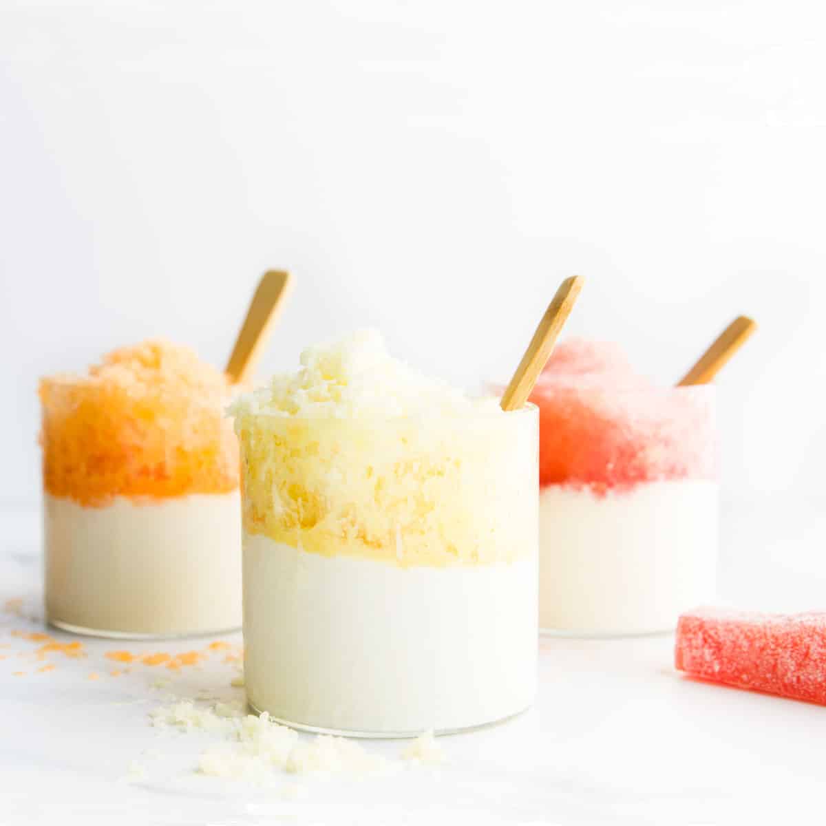 frozen shaved ice fruit cups in various flavors like watermelon and cantaloupe.