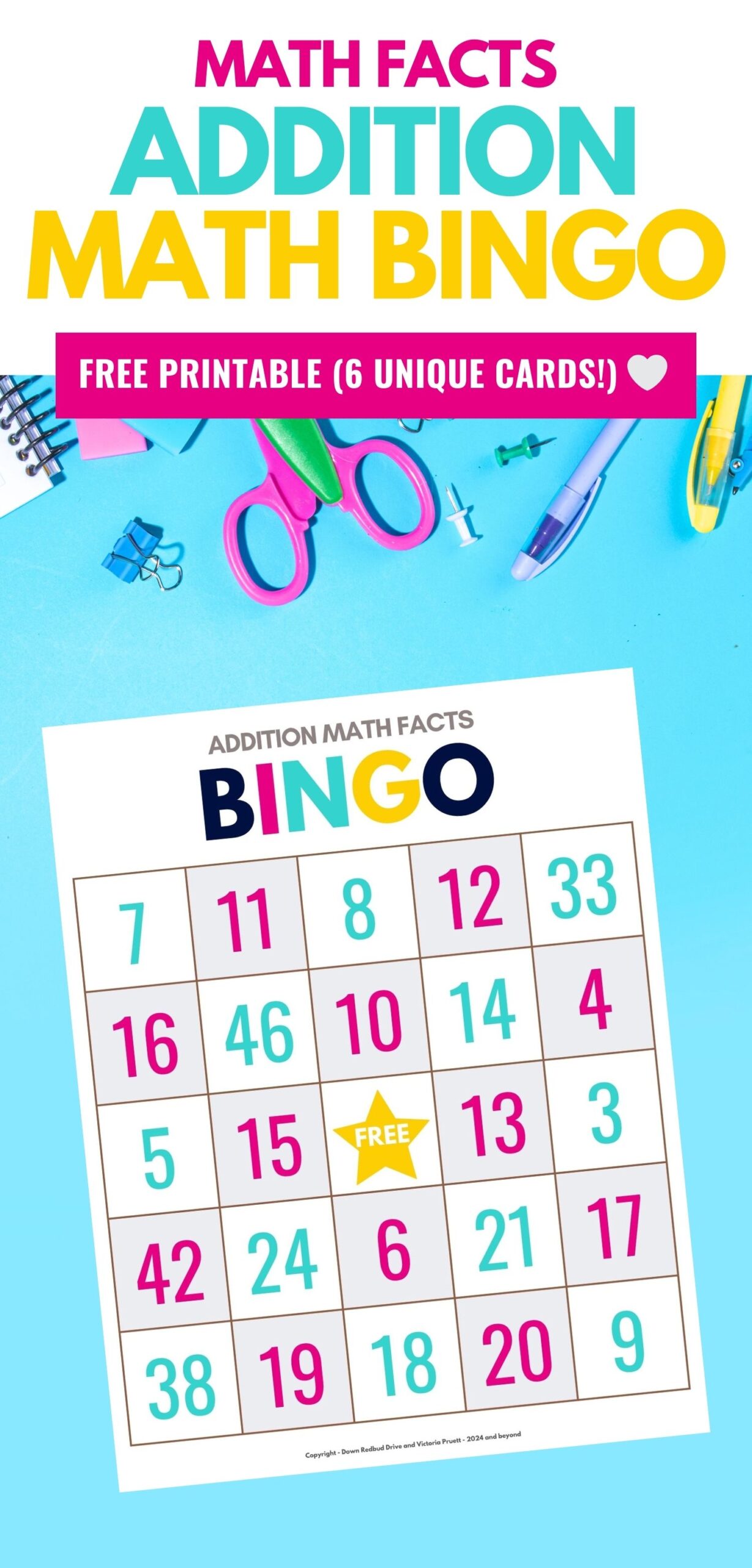 Printed bingo sheet from the addition math facts bingo game for kids free download on a bright blue background with scissors, pins, and other school supplies surrounding the page