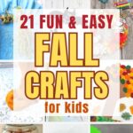 a collage of photos featuring various easy and fun fall crafts for kids, including a popsicle stick scarecrow, popsicle stick bat and ghosts, various fall wreath crafts for kids, and more! a text overlay says 21 fun and easy fall crafts for kids