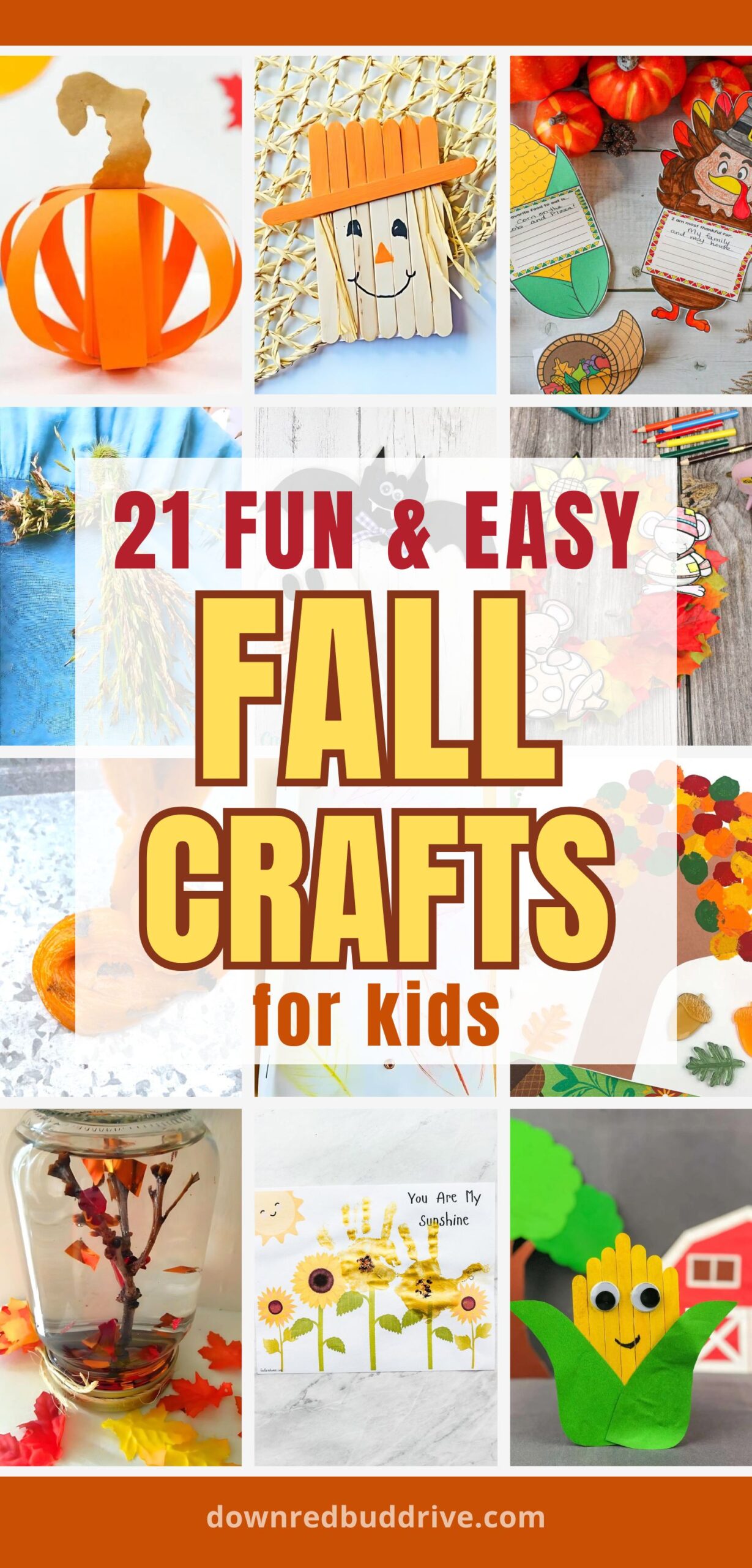 a collage of photos featuring various easy and fun fall crafts for kids, including a popsicle stick scarecrow, popsicle stick bat and ghosts, various fall wreath crafts for kids, and more! a text overlay says 21 fun and easy fall crafts for kids