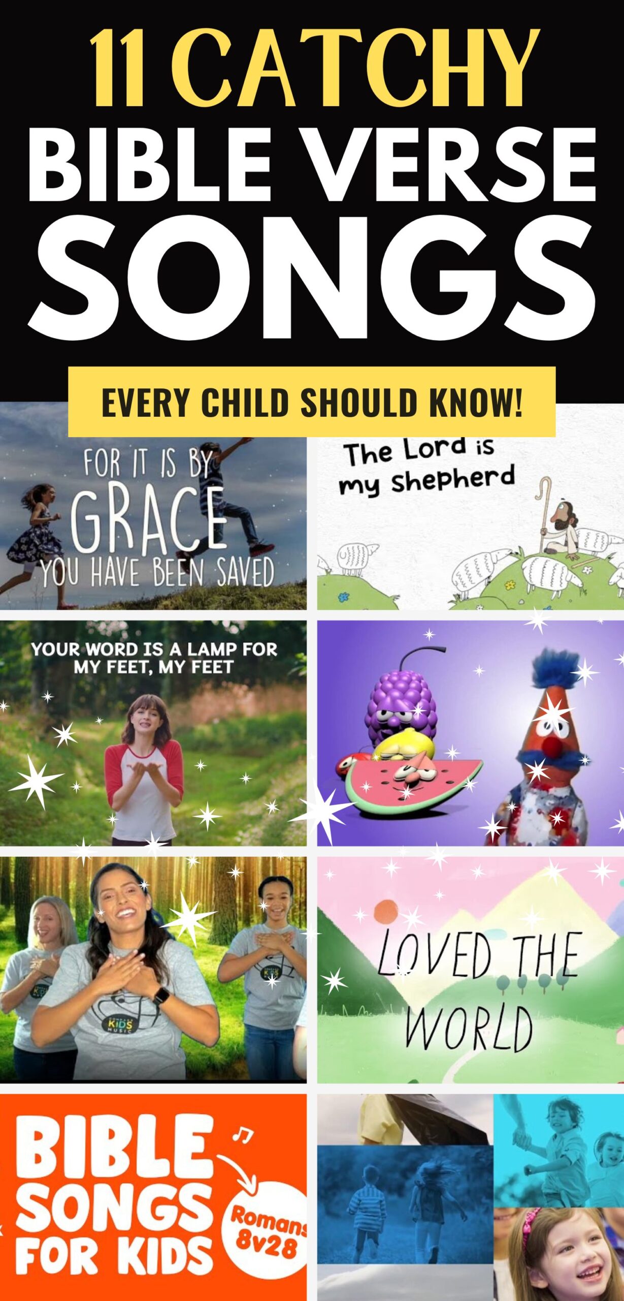 an 8 panel image collage of some the covers for the YouTube songs included in this post. a Text overlay that says 11 catchy bible verse songs every child should know