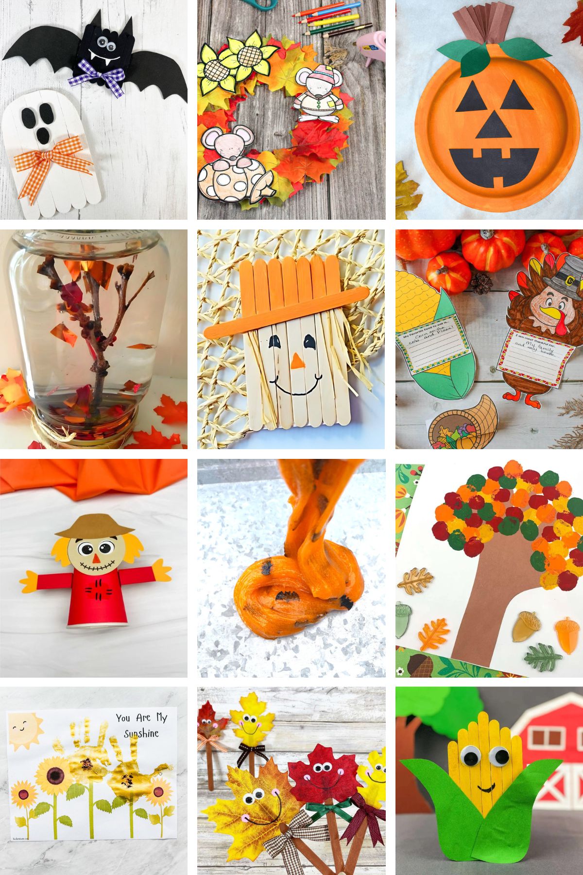 a collage of photos featuring various easy and fun fall crafts for kids, including a popsicle stick scarecrow, popsicle stick bat and ghosts, various fall wreath crafts for kids, and more!