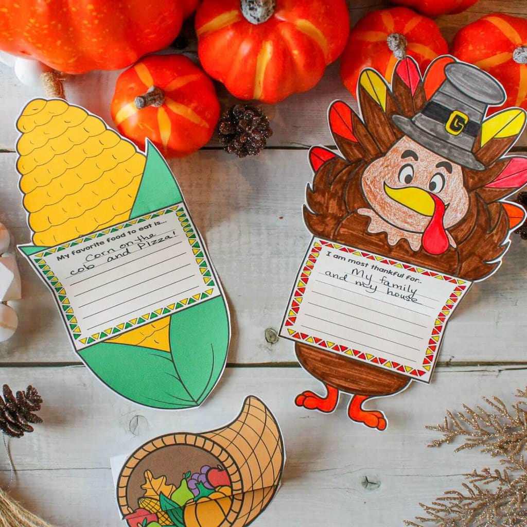 I am thankful for fall and thanksgiving printable in the shape of corn ears and turkeys