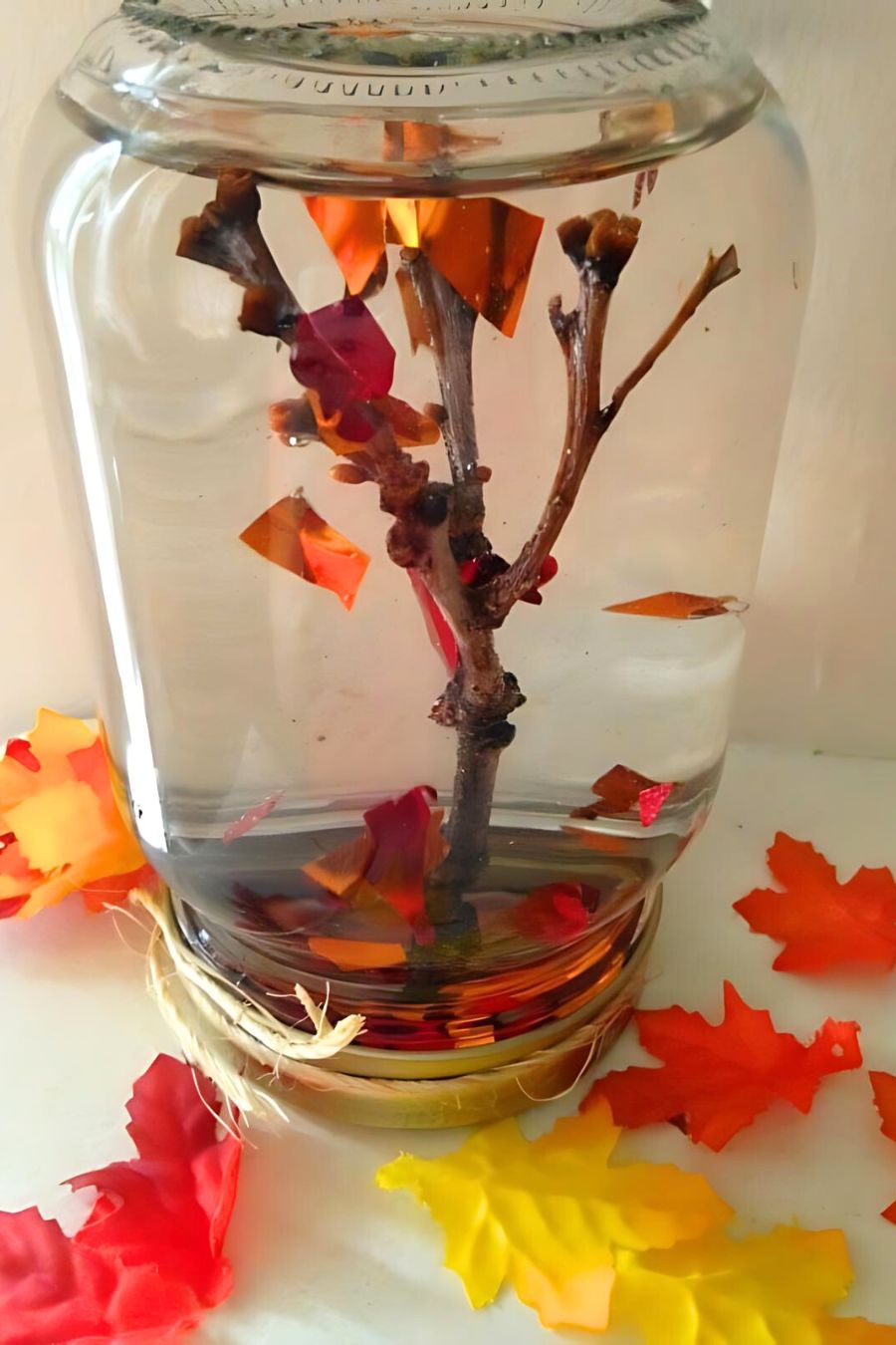 finished maple tree fall globe craft, a maple tree built inside a mason jar like a snow globe.