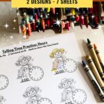 Close up of a single sheet from the fall time telling worksheet set. With scarecrows and clock faces on the sheet, the top of the paper says telling time practice, hours. Crayons in various colors are scattered around the paper. A text overlay above the image says free printable fall time worksheets 2 designs, 7 sheets