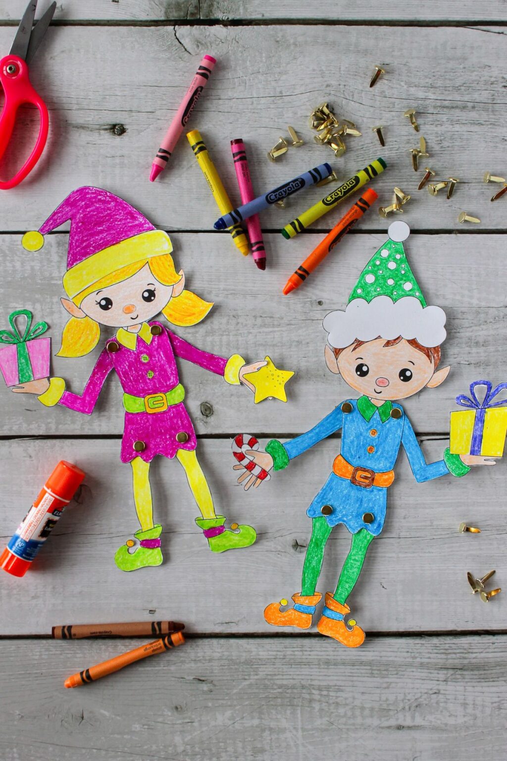 posable DIY printable christmas elf coloring pages cut out and assembled