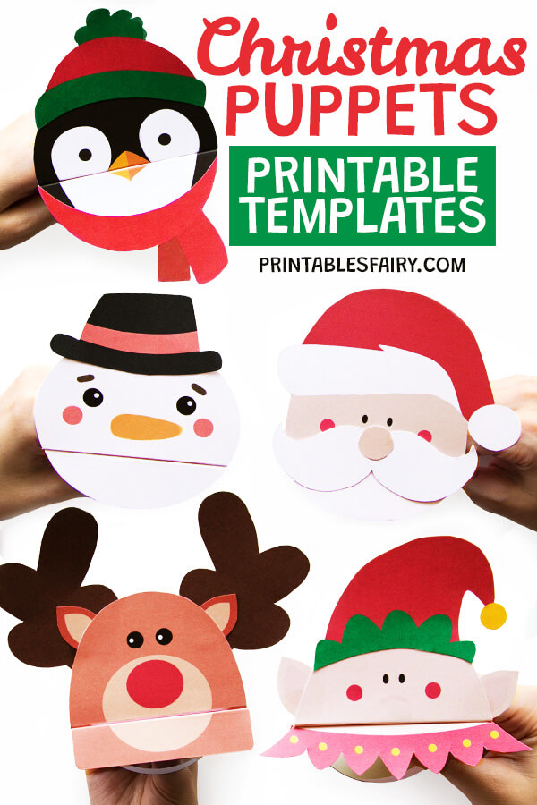 a preview of 5 different christmas puppet printables, including a penguin, snowman, santa, reindeer, and an elf