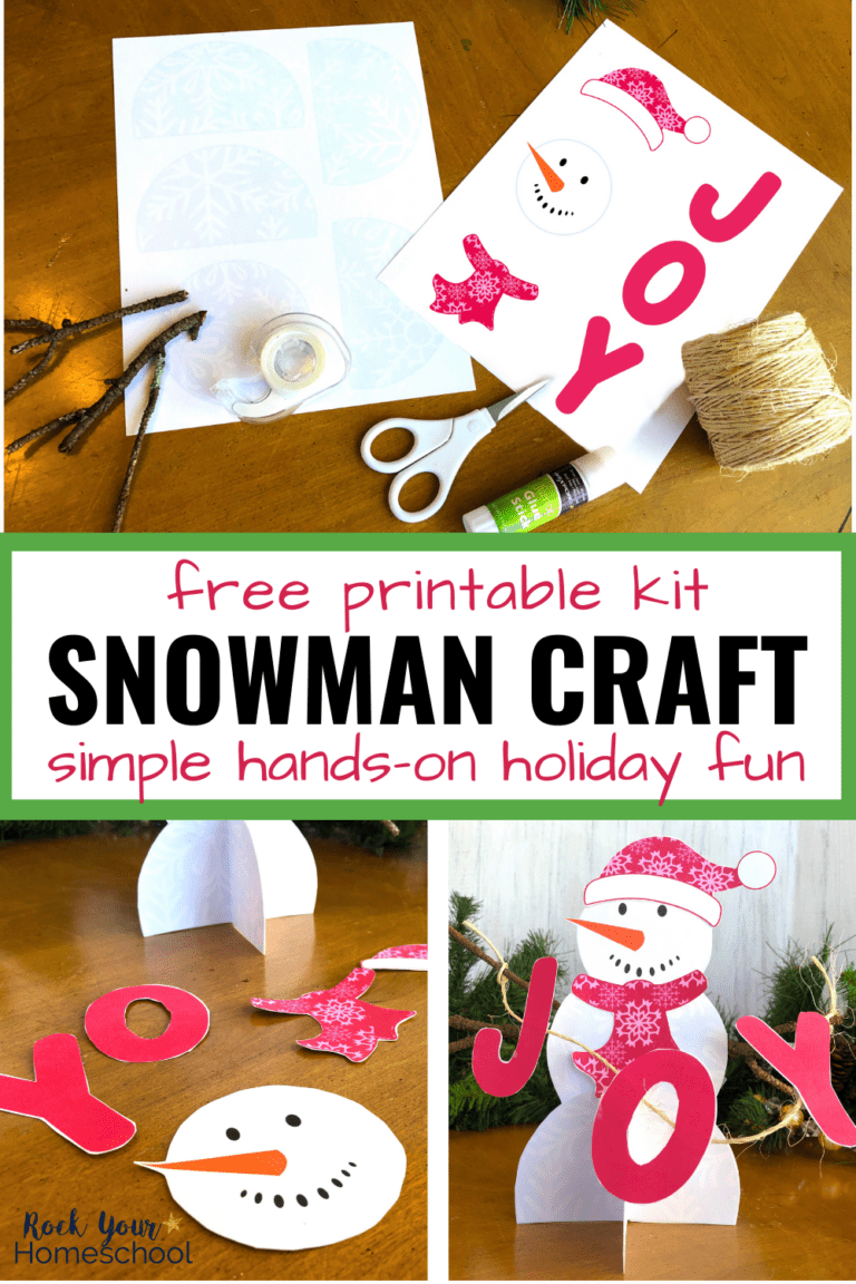 collage of a printable snowman kit, the finished craft shown in the final image