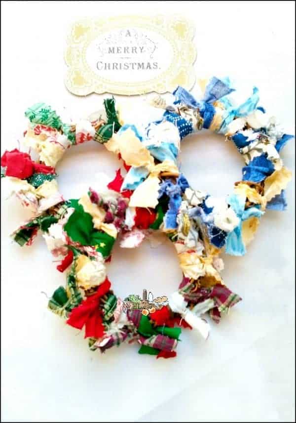 3 scrap fabric wreaths in different colors