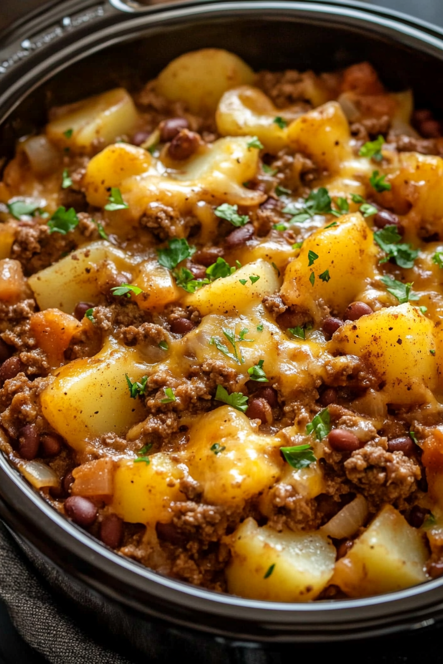 Crockpot cowboy casserole with beef and potatoes