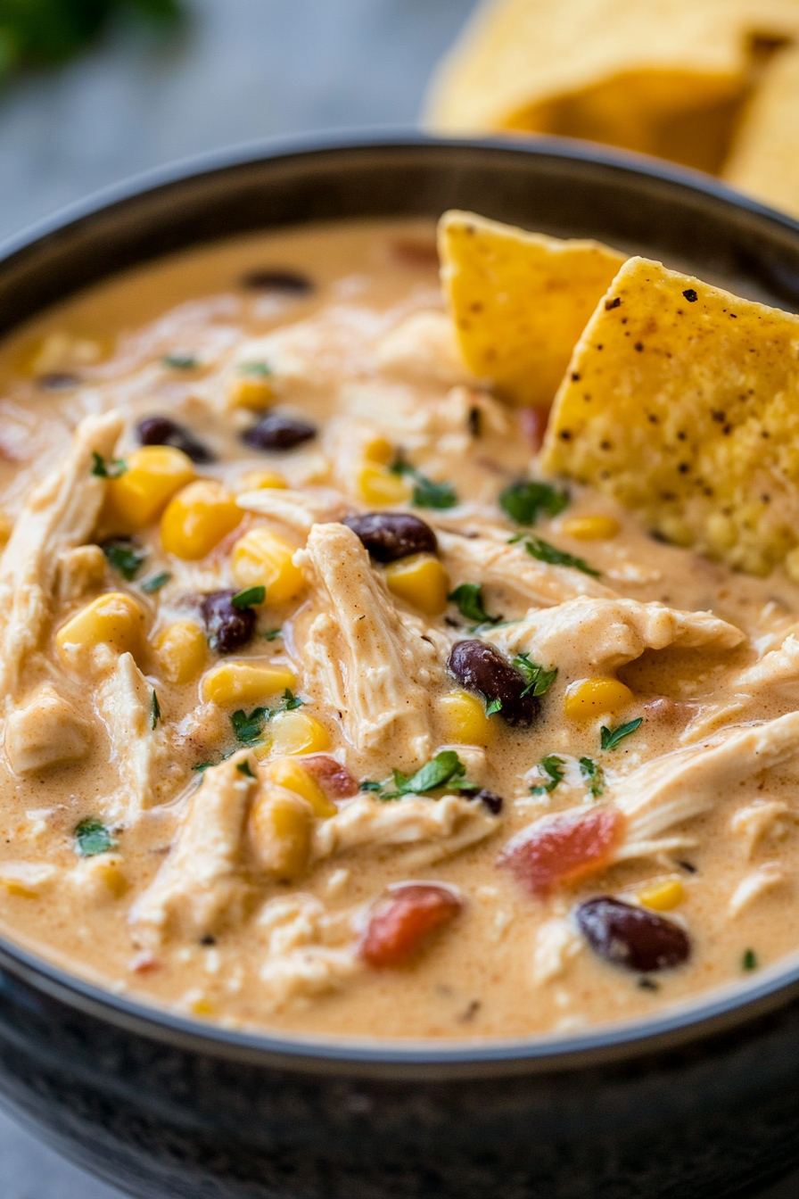 a dark bowl filled with crockpot creamy chicken chili