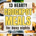 a 12 panel image with featured images of various crockpot meals for busy nights