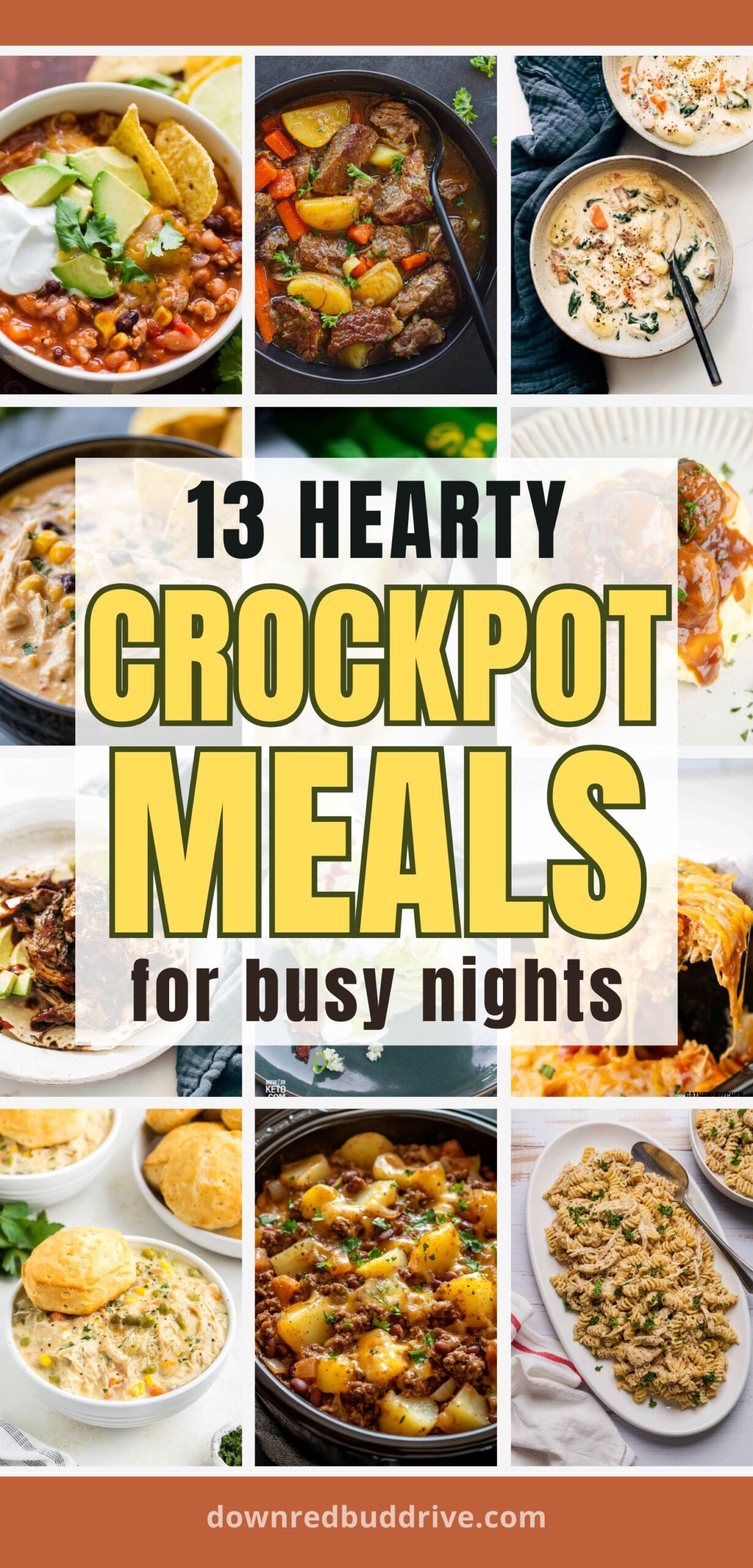 a 12 panel image with featured images of various crockpot meals for busy nights