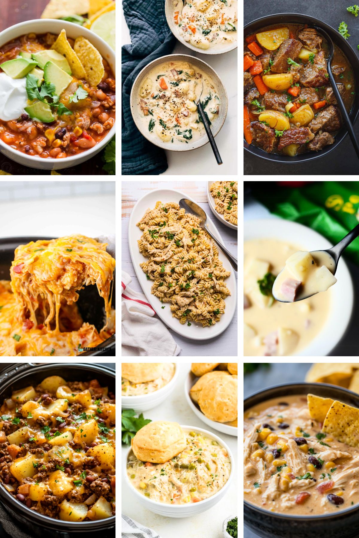 a 9 panel image with featured images of various crockpot meals for busy nights