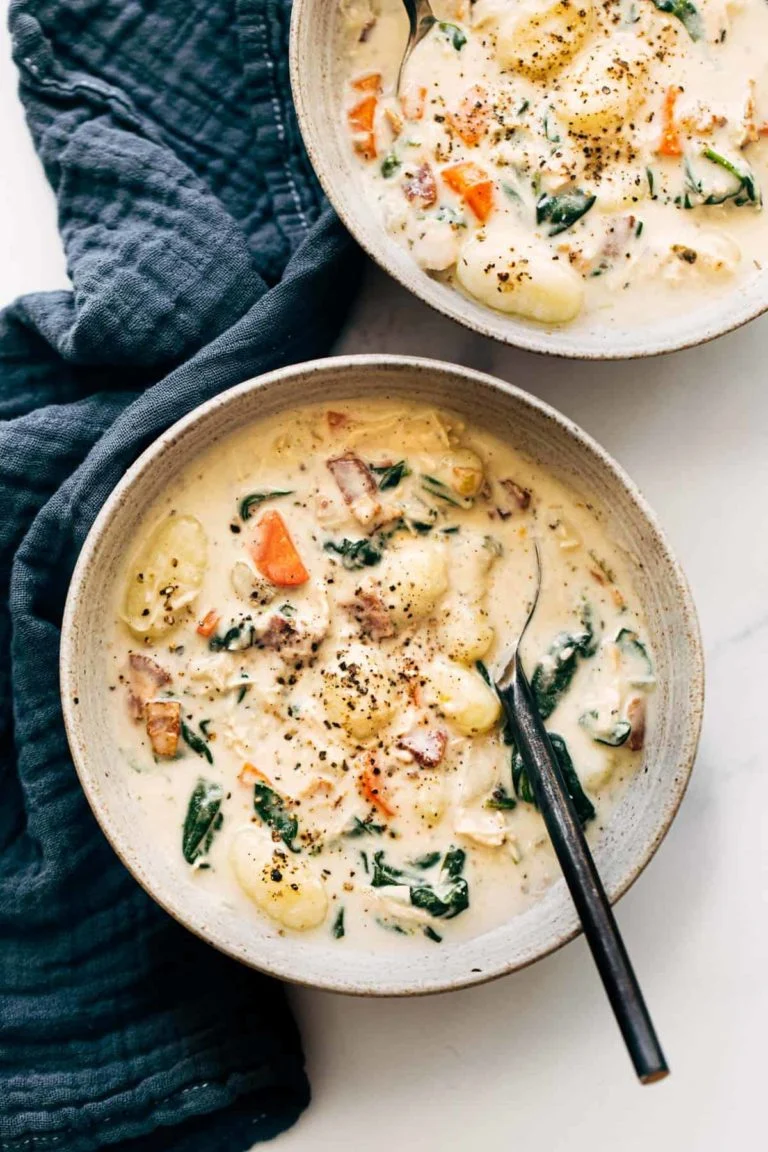 crockpot chicken and potato gnocchi soup in a stoneware bowl