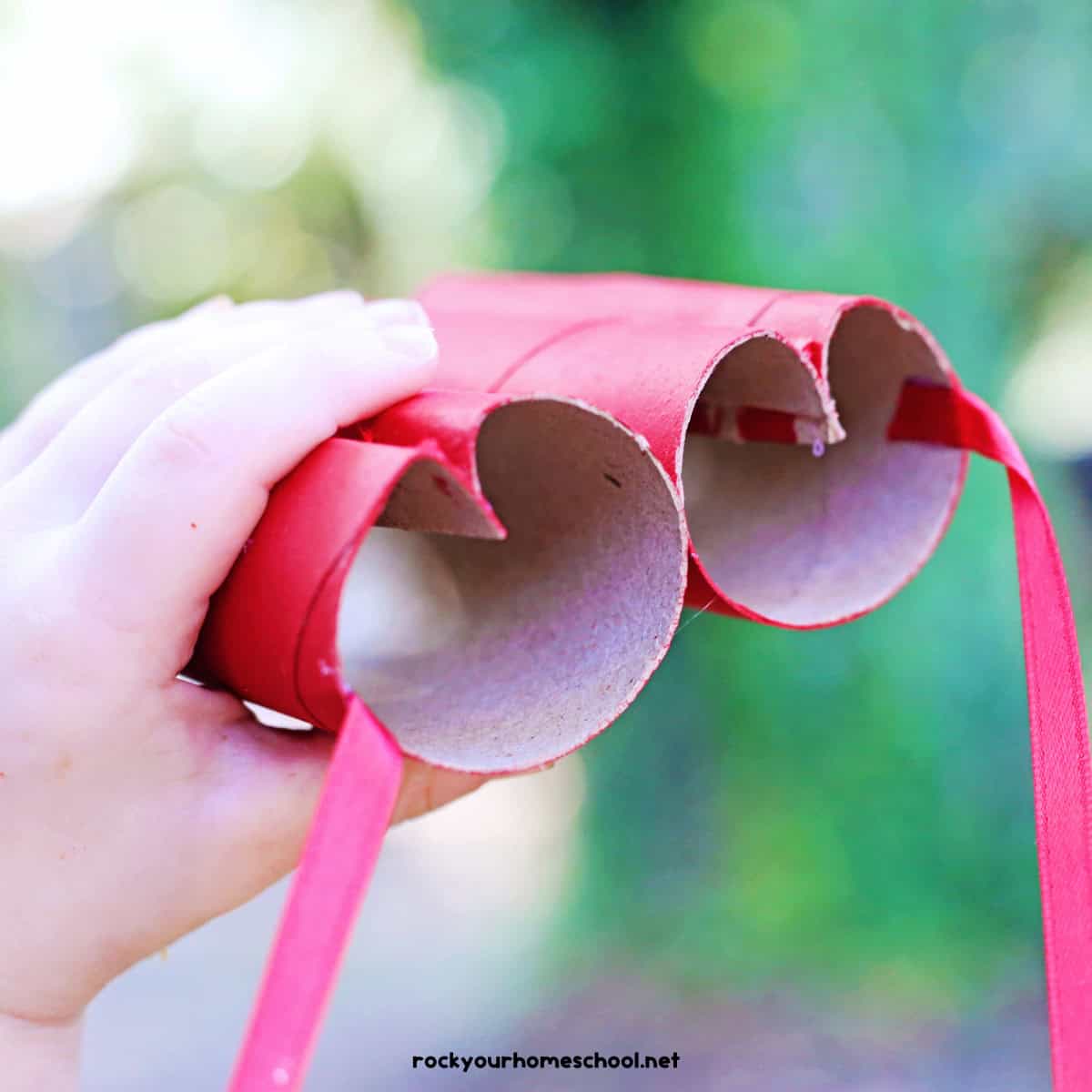 Two toilet paper rolls turned into heart shaped binoculars and painted pink for a fun valentine's day craft