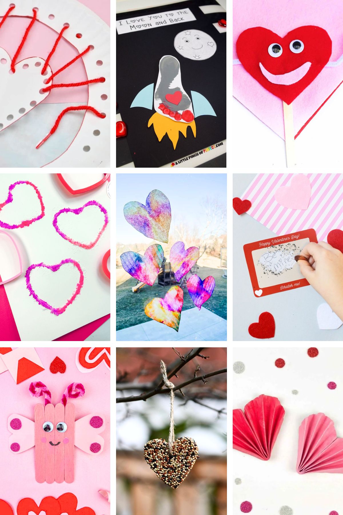 9 grid images of various valentine's day crafts for kids